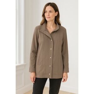 Eileen Fisher Stand Collar Zip/Snap Long Organic Cotton Jacket Taupe Tan Medium